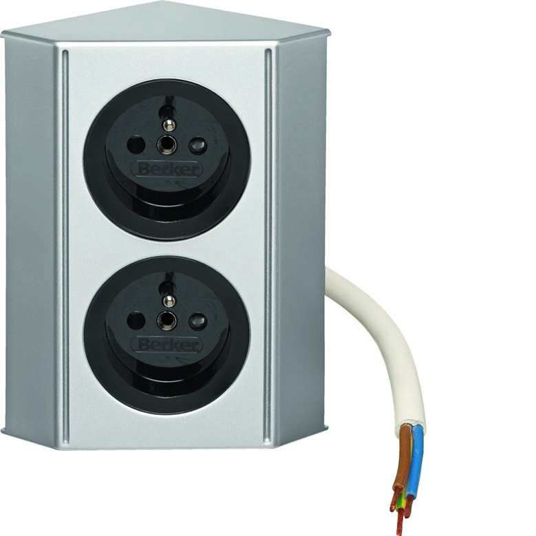 Berker Integro Twin-Box (Gegalvaniseerd, mat chroom) - 2 stopcontacten met penaarde (Mat zwart) VPE=24